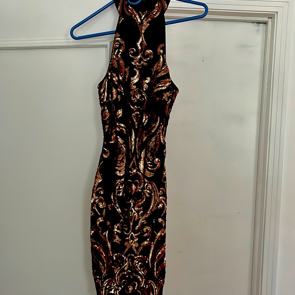 Black and gold sequins semi formal dress